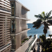 Modern buildings façades at Bower overlooking the ocean.