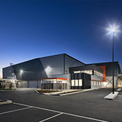 Outside view of the factory from an angle at dusk