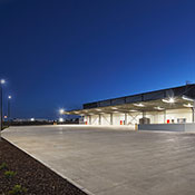 Outside rear view of the factory at dusk