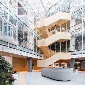 The lobby of a modern office building